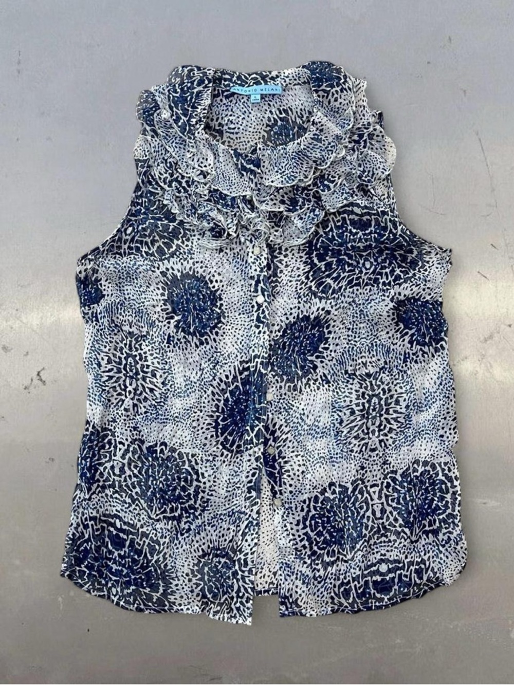 Antonio Melani Sleeveless Ruffle Collar Blouse - Navy/White Size L